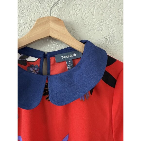 Modcloth Red Floral Aline Collared Mini Dress Boho Careerwear Peasant NWT M - Picture 6 of 9